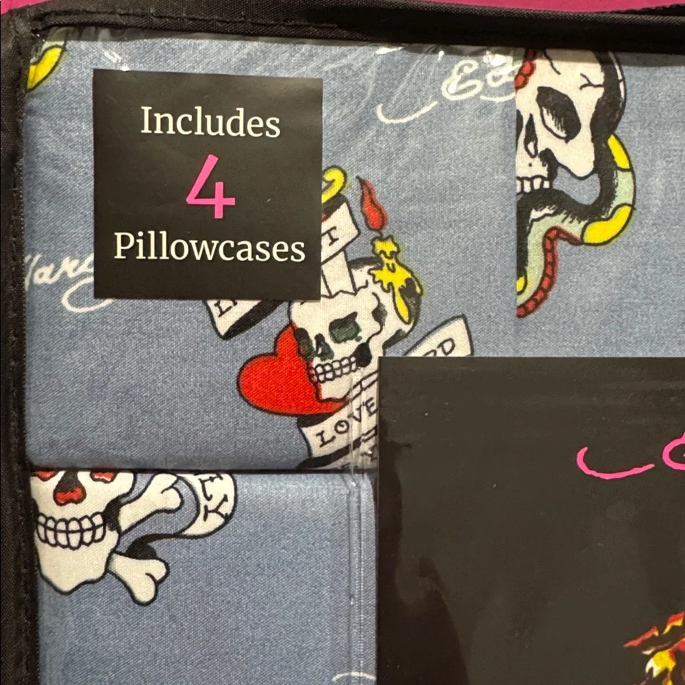 Ed Hardy Blue Queen Sheet Set with Tattoo Designs - Picture 4 of 10